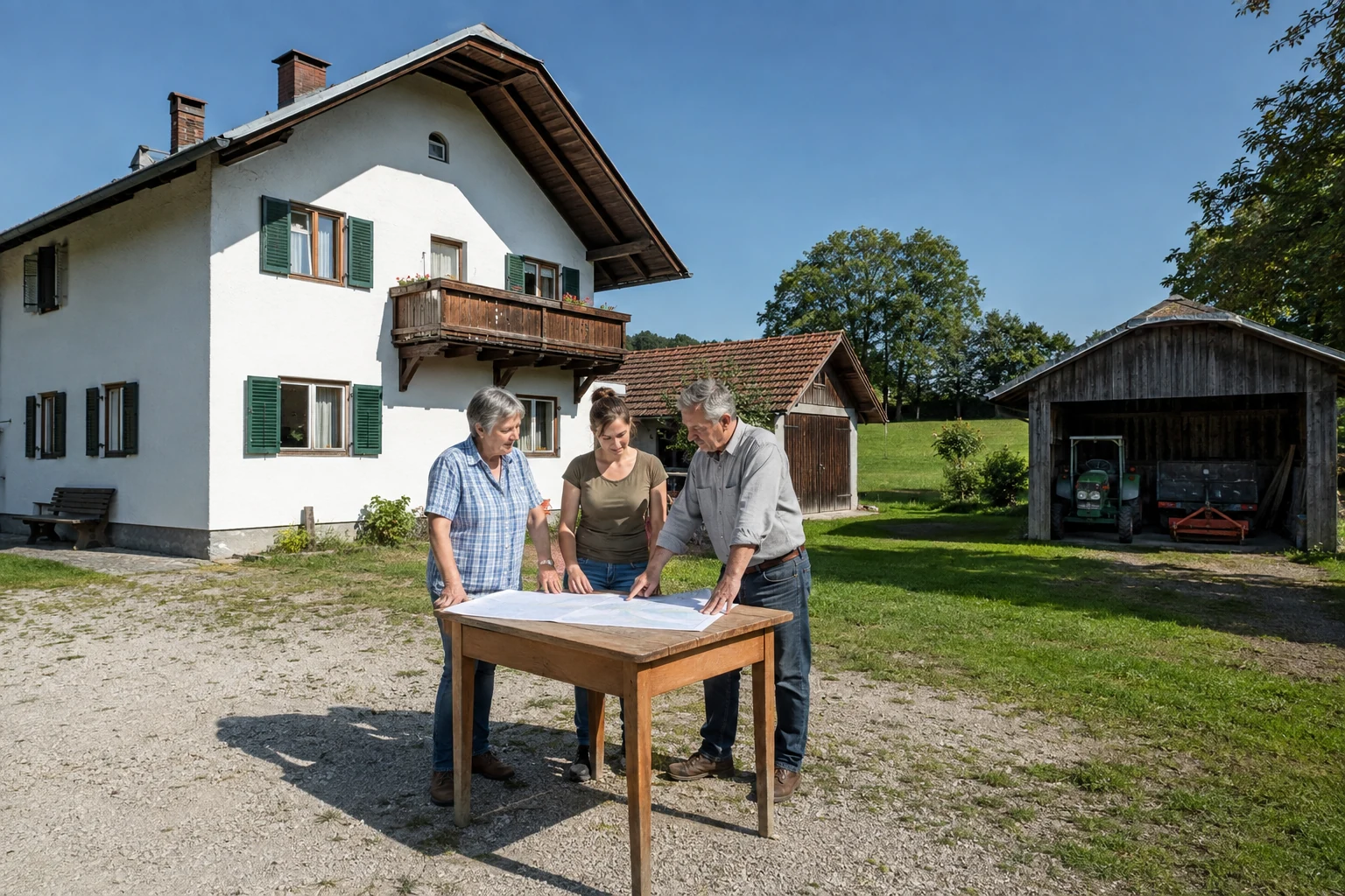 Eigentümerfamilie bespricht einen österreichischen Nebenerwerbsbetrieb