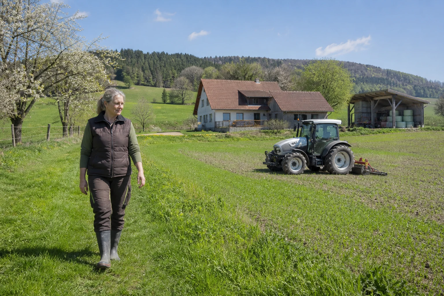 Nebenerwerbslandwirtin vor Ackerfläche, Traktor und österreichischer Hofstelle