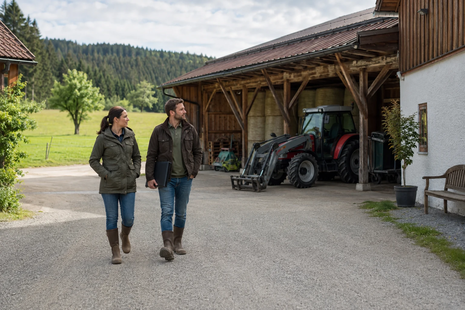 Kaufinteressenten besichtigen einen kleineren österreichischen Landwirtschaftsbetrieb